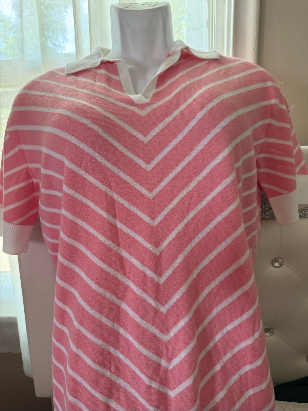Lands' End Pink and White Striped Polo sweater.